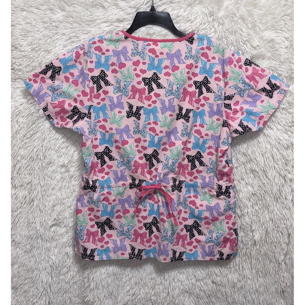Dickies Scrub Top Women's Large Pink Bows Cotton Short Sleeve Nurse Medical - Picture 2 of 11